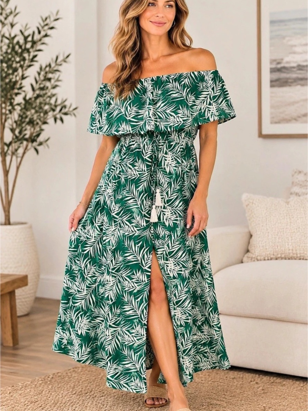Japan’s Off-Shoulder Maxi Dress in Green & White Size Small